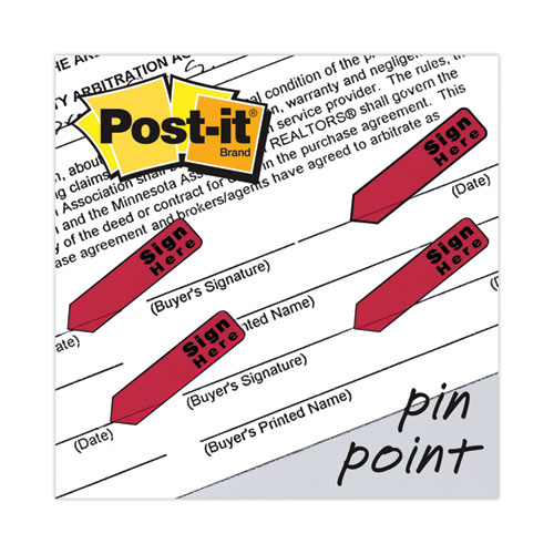 Image of Post-It® Flags Arrow Message 0.5" Page Flags In Dispenser, "Sign Here", Red, 20 Flags Dispenser, 4 Dispensers/Pack