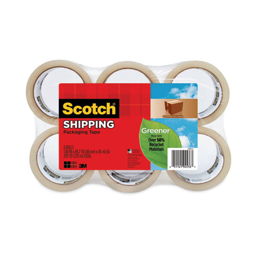 Scotch® Greener Commercial Grade Packaging Tape, 3" Core, 1.88" x 49.2 yds, Clear, 6/Pack