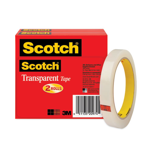 Image of Scotch® Transparent Tape, 3" Core, 0.5" X 72 Yds, Transparent, 2/Pack