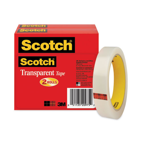 Scotch® Transparent Tape, 3" Core, 0.75" x 72 yds, Transparent, 2/Pack