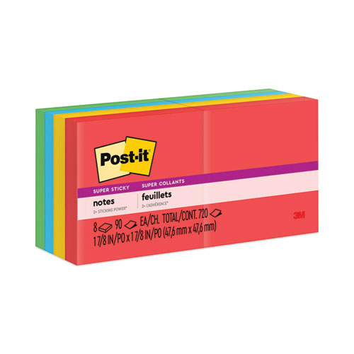 Post-It® Notes Super Sticky Pads In Playful Primary Collection Colors, 2" X 2", 90 Sheets/Pad, 8 Pads/Pack