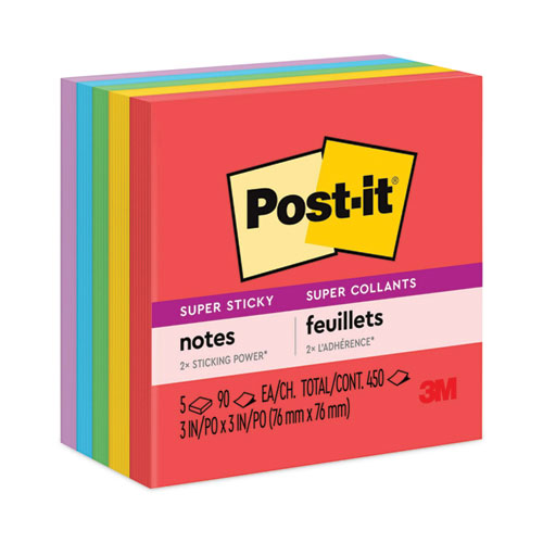 Post-It® Notes Super Sticky Pads In Playful Primary Collection Colors, 3" X 3", 90 Sheets/Pad, 5 Pads/Pack