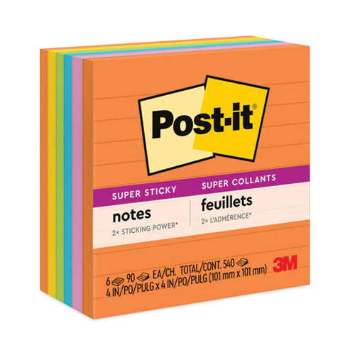 Post-it® Notes Super Sticky Pads in Energy Boost Collection Colors, Note Ruled, 4" x 4", 90 Sheets/Pad, 6 Pads/Pack