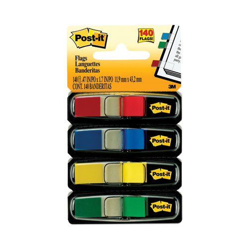 Post-it® Flags Small Page Flags in Dispensers, 0.5 x 1.75, Assorted Primary, 35/Color, 4 Dispensers/Pack
