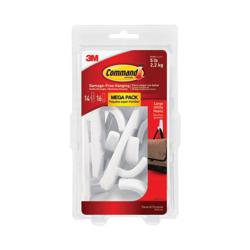 Image of Command™ General Purpose Hooks, Large, Plastic, White, 5 Lb Capacity, 14 Hooks And 16 Strips/Pack