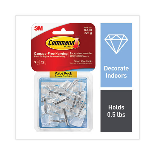 Command™ Clear Hooks And Strips, Small, Plastic/Metal, 0.5 Lb, 9 Hooks And 12 Strips/Pack