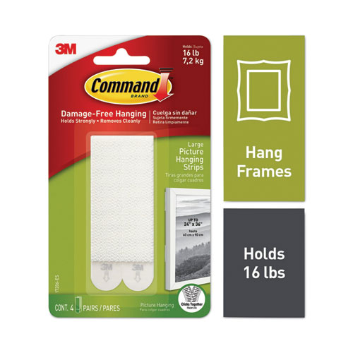 Image of Picture Hanging Strips, Removable, Holds Up to 4 lbs per Pair, 0.5 x 3.63, White, 4 Pairs/Pack