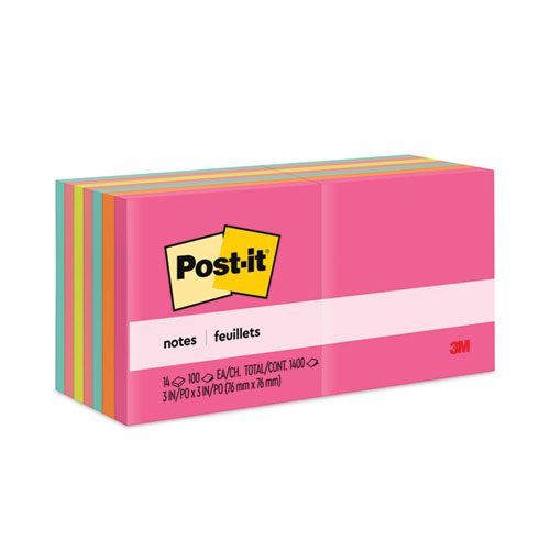 Post-It® Notes Original Pads In Poptimistic Colors, Value Pack, 3" X 3", 100 Sheets/Pad, 14 Pads/Pack