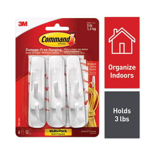 Image of Command™ General Purpose Hooks Multi-Pack, Medium, Plastic, White, 3 Lb Capacity, 6 Hooks And 12 Strips/Pack