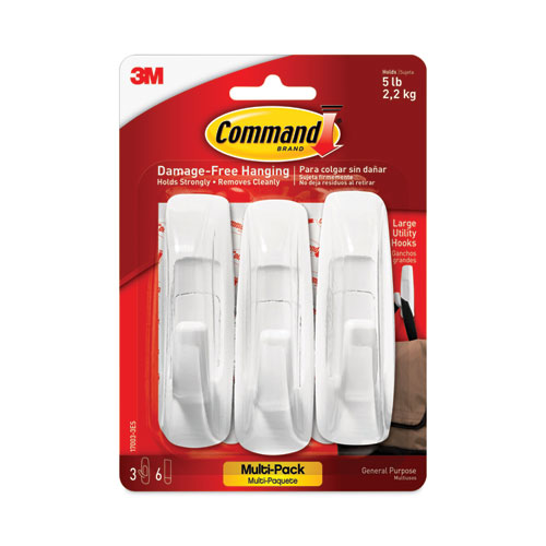 Image of Command™ General Purpose Hooks Multi-Pack, Large, Plastic, White, 5 Lb Capacity, 3 Hooks And 6 Strips/Pack