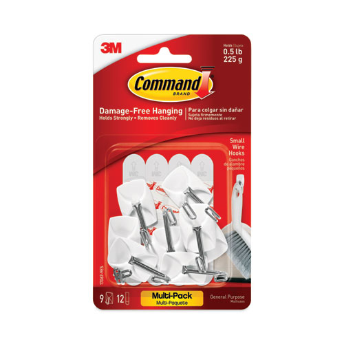 Image of Command™ General Purpose Wire Hooks Multi-Pack, Small, Metal, White, 0.5 Lb Capacity, 9 Hooks And 12 Strips/Pack