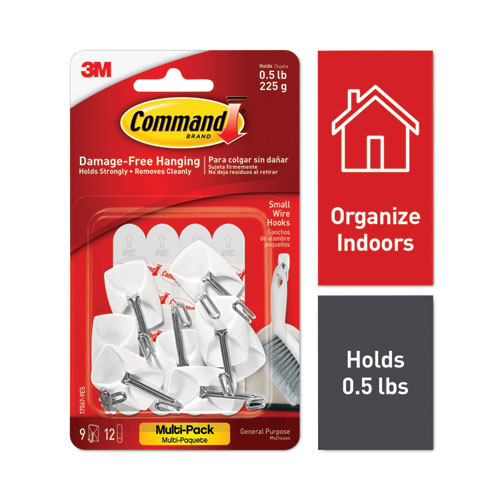 Image of Command™ General Purpose Wire Hooks Multi-Pack, Small, Metal, White, 0.5 Lb Capacity, 9 Hooks And 12 Strips/Pack