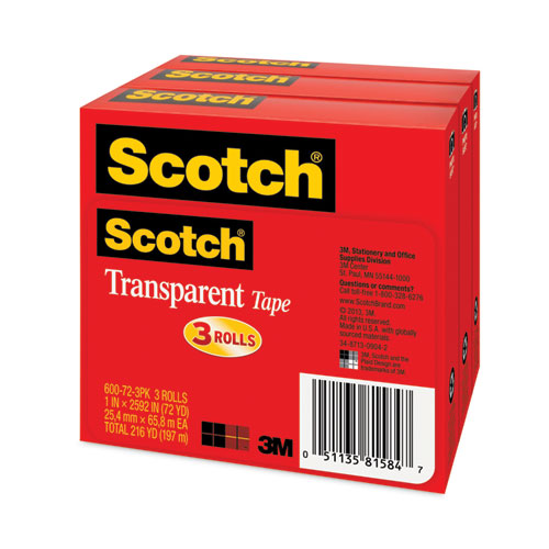 Image of Scotch® Transparent Tape, 3" Core, 1" X 72 Yds, Transparent, 3/Pack