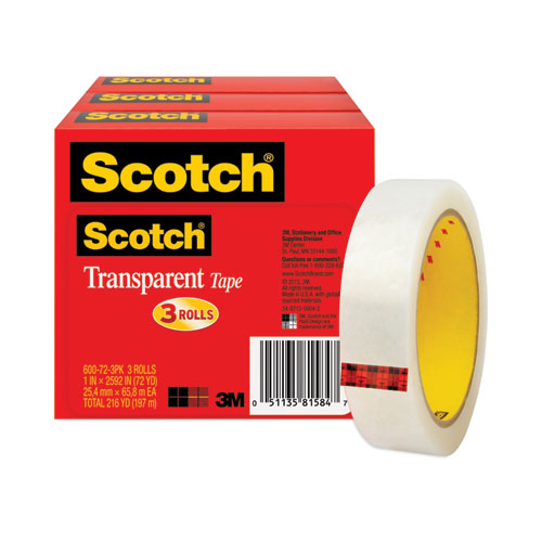 Image of Scotch® Transparent Tape, 3" Core, 1" X 72 Yds, Transparent, 3/Pack