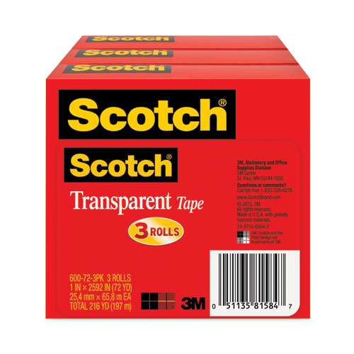 Scotch® Transparent Tape, 3" Core, 1" x 72 yds, Transparent, 3/Pack