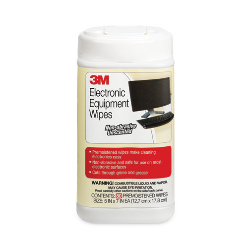 Image of 3M™ Electronic Equipment Cleaning Wipes, 1-Ply, 5.5 X 6.75, Unscented, White, 80/Canister