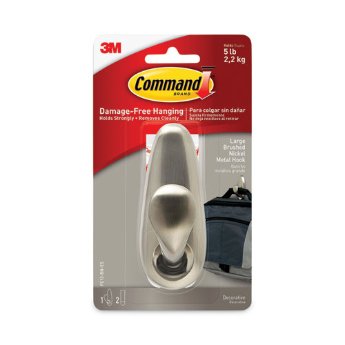 Image of Command™ Adhesive Mount Metal Hook, Large, Brushed Nickel Finish, 5 Lb Capacity, 1 Hook And 2 Strips/Pack