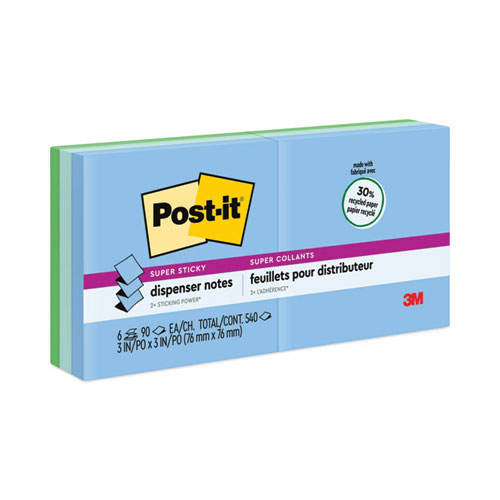 Post-It® Pop-Up Notes Super Sticky Recycled Pop-Up Notes In Oasis Collection Colors, 3 X 3, 90 Sheets/Pad, 6 Pads/Pack