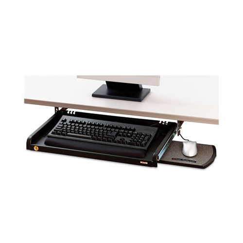 Black desk deals with keyboard drawer