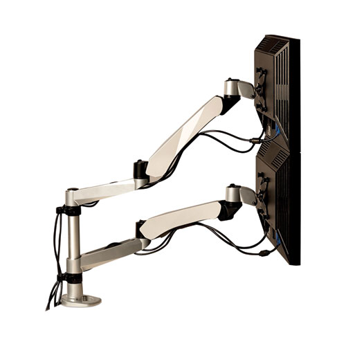 Image of 3M™ Easy-Adjust Desk Dual Arm Mount For 27" Monitors, 360 Deg Rotation, +90/-15 Deg Tilt, 360 Deg Pan, Silver, Supports 20 Lb