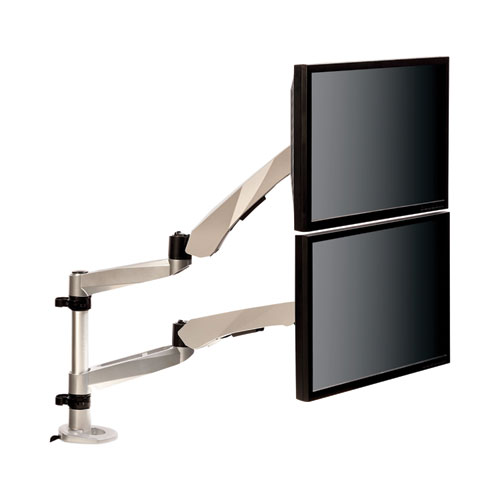 Image of 3M™ Easy-Adjust Desk Dual Arm Mount For 27" Monitors, 360 Deg Rotation, +90/-15 Deg Tilt, 360 Deg Pan, Silver, Supports 20 Lb