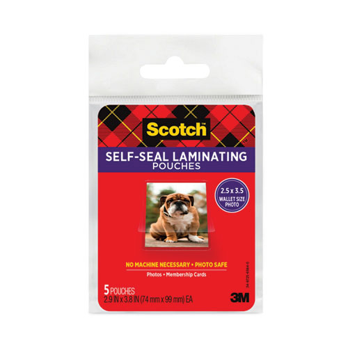 Image of Scotch™ Self-Sealing Laminating Pouches, 9.5 Mil, 2.81" X 3.75", Gloss Clear, 5/Pack