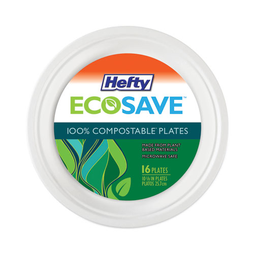 Image of Hefty® Ecosave Tableware, Plate, Bagasse, 10.13" Dia, White, 16/Pack