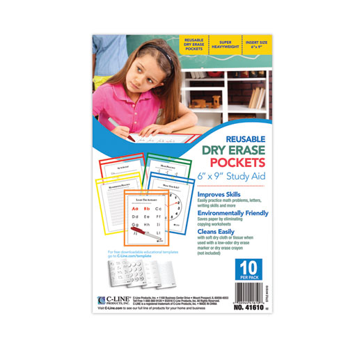 Image of C-Line® Reusable Dry Erase Pockets, 6 X 9, Assorted Primary Colors, 10/Pack