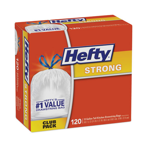 Image of Hefty® Strong Tall Kitchen Drawstring Bags, 13 Gal, 0.9 Mil, 23.75" X 27", White, 90/Box