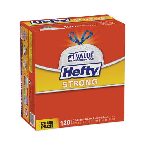 Image of Hefty® Strong Tall Kitchen Drawstring Bags, 13 Gal, 0.9 Mil, 23.75" X 27", White, 90 Bags/Box, 3 Boxes/Carton