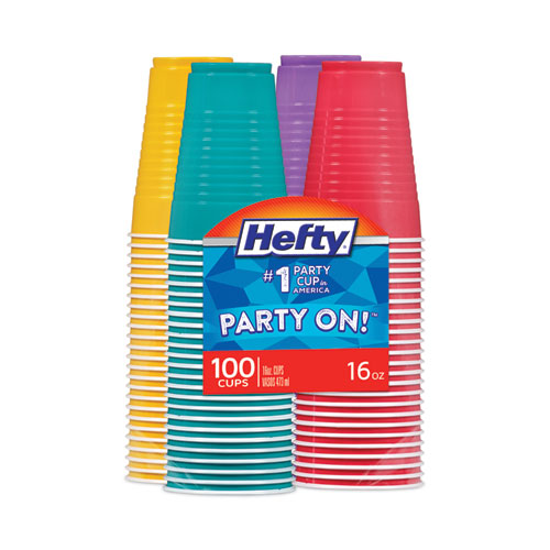 Image of Hefty® Easy Grip Disposable Plastic Party Cups, 16 Oz, Assorted Colors, 100/Pack