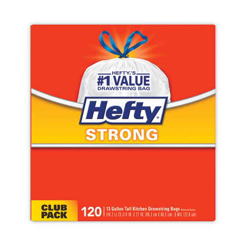 Image of Hefty® Strong Tall Kitchen Drawstring Bags, 13 Gal, 0.9 Mil, 24" X 27.75", White, 120/Box