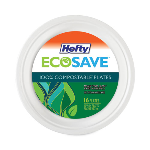 Hefty® Ecosave Tableware, Plate, Bagasse, 10.13" Dia, White, 16/Pack, 12 Packs/Carton