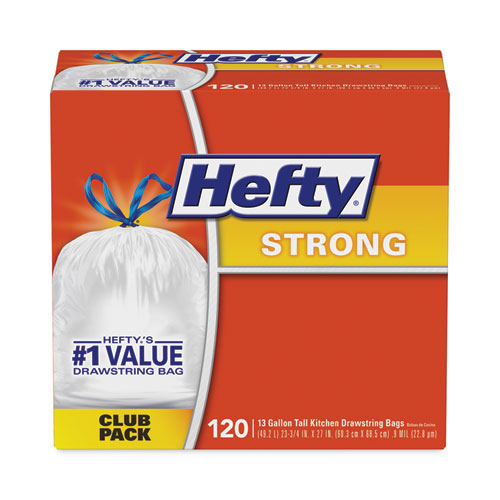 Image of Hefty® Strong Tall Kitchen Drawstring Bags, 13 Gal, 0.9 Mil, 23.75" X 27", White, 90/Box