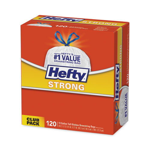 Image of Hefty® Strong Tall Kitchen Drawstring Bags, 13 Gal, 0.9 Mil, 23.75" X 27", White, 120 Bags/Box, 3 Boxes/Carton