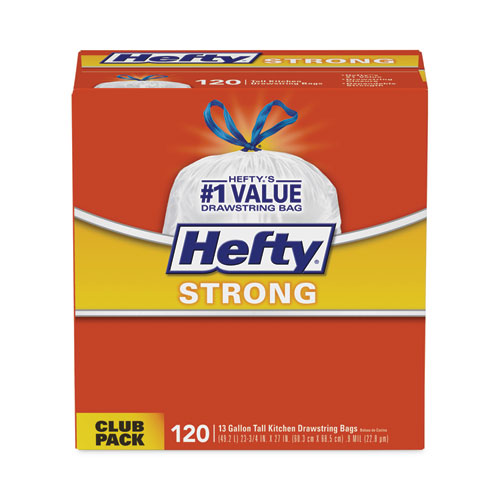 Hefty® Strong Tall Kitchen Drawstring Bags, 13 Gal, 0.9 Mil, 23.75" X 27", White, 90 Bags/Box, 3 Boxes/Carton
