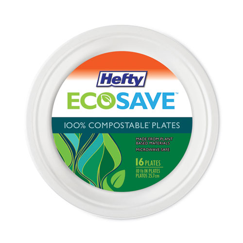 Image of Hefty® Ecosave Tableware, Plate, Bagasse, 10.13" Dia, White, 16/Pack, 12 Packs/Carton