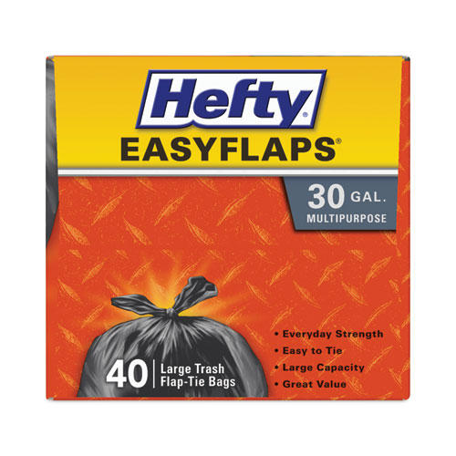 Hefty® Easy Flaps Trash Bags, 30 gal, 0.85 mil, 30" x 33", Black, 40 Bags/Box, 6 Boxes/Carton
