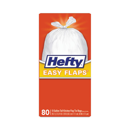 Hefty® Easy Flaps Trash Bags, 13 gal, 0.8 mil, 23.75" x 28", White, 80/Box