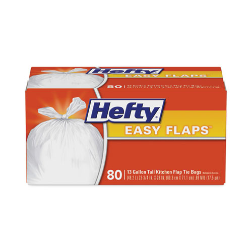 Image of Hefty® Easy Flaps Trash Bags, 13 Gal, 0.8 Mil, 23.75" X 28", White, 80/Box