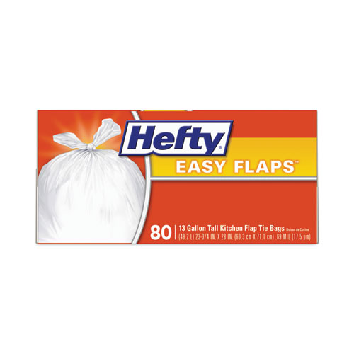 Image of Hefty® Easy Flaps Trash Bags, 13 Gal, 0.69 Mil, 23.75" X 28", White, 80 Bags/Box, 3 Boxes/Carton