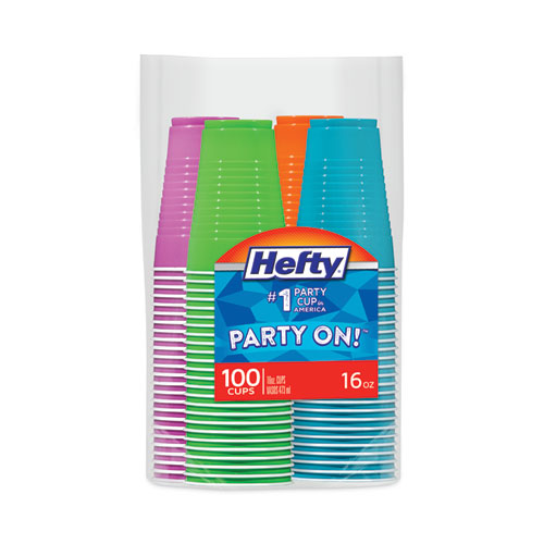 Image of Hefty® Easy Grip Disposable Plastic Party Cups, 16 Oz, Assorted Colors, 100/Pack, 4 Packs/Carton