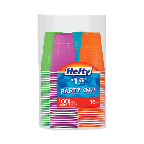 Image of Hefty® Easy Grip Disposable Plastic Party Cups, 16 Oz, Assorted Colors, 100/Pack, 4 Packs/Carton