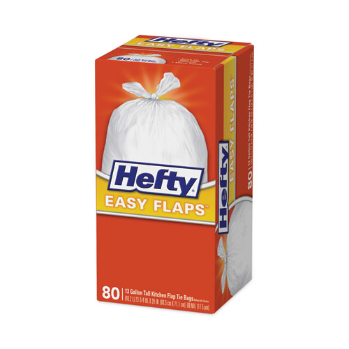 Image of Hefty® Easy Flaps Trash Bags, 13 Gal, 0.8 Mil, 23.75" X 28", White, 80/Box