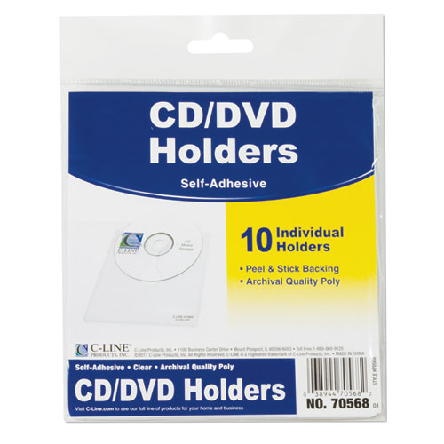 Self-Adhesive CD Holder, 1 Disc Capacity, Clear, 10/Pack