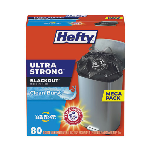 Hefty® Ultra Strong BlackOut Tall-Kitchen Drawstring Bags, 13 gal, 0.9 mil, 23.75" x 24.88", Black, 80 Bags/Box, 3 Boxes/Carton