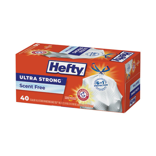 Image of Hefty® Ultra Strong Tall Kitchen And Trash Bags, 13 Gal, 0.9 Mil, 23.75" X 24.88", White, 40 Bags/Box, 6 Boxes/Carton
