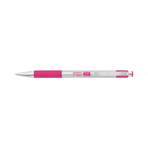 Image of Zebra® F-301 Ballpoint Pen, Retractable, Fine 0.7 Mm, Black Ink, Stainless Steel/Pink Barrel