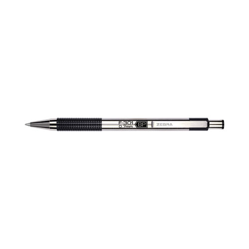 Image of Zebra® F-301 Ballpoint Pen, Retractable, Fine 0.7 Mm, Black Ink, Stainless Steel/Black Barrel, 2/Pack