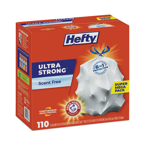 Ultra Strong Tall Kitchen and Trash Bags, 13 gal, 0.9 mil, 23.75" x 24.88", White, 110 Bags/Box, 3 Boxes/Carton